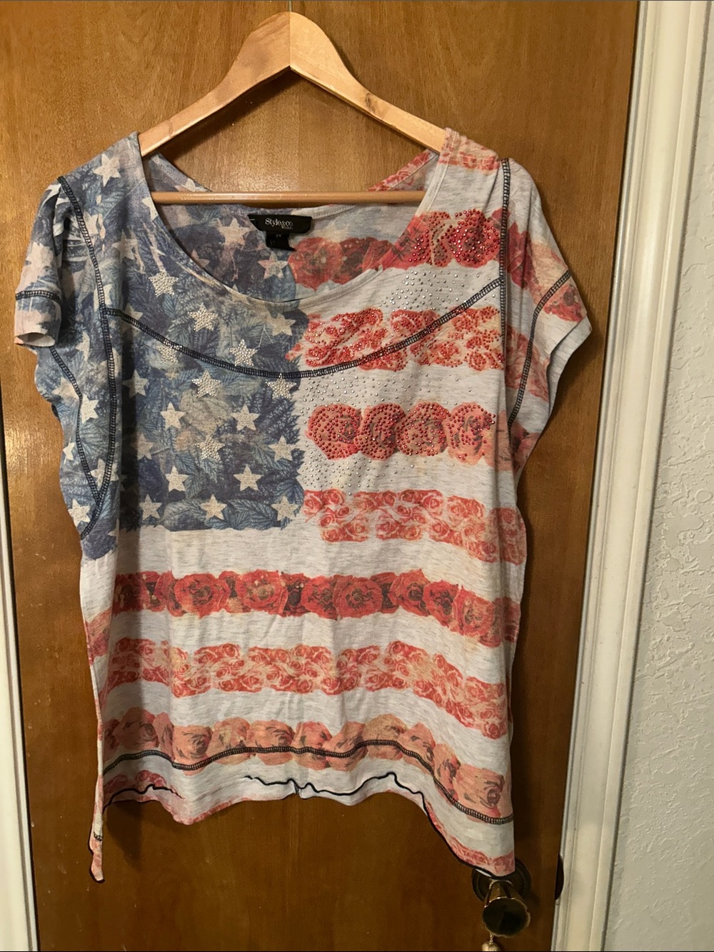 Style & Co. Short Sleeve Americana Flag Print Tee in Red, White & Blue. 2X
